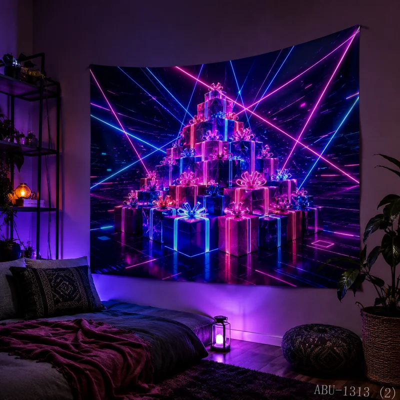 VIKAMA Cyber Space Cross Neon Gift Box Christmas Tree Mirror Christmas Tapestry Background Hanging Cloth Living Room Decoration