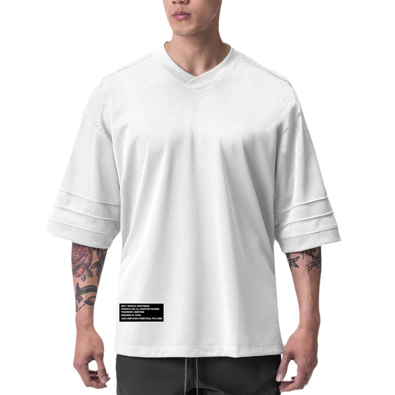 Summer Brand Oversized V Neck Quick-drying Mens Mesh Gym Sports Dropped Shoulders Bodybuilding Fitness Half Sleeve T-shirt