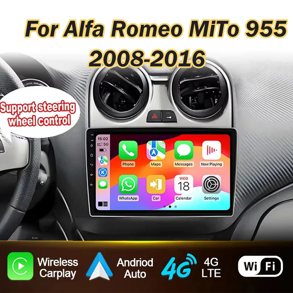 

Android 15 Autoradio 4G+WIFI For Alfa Romeo MiTo 955 2008-2016 Carplay Car Radio Multimedia Player Stereo DSP QLED Screen 2din