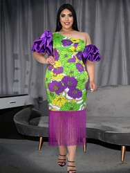 ONTINVA Patchwork Party Dress Plus Size Women Irregular Puff Sleeve Purple Printed Bodycon Midi Evening Cocktail Tassel Outfits