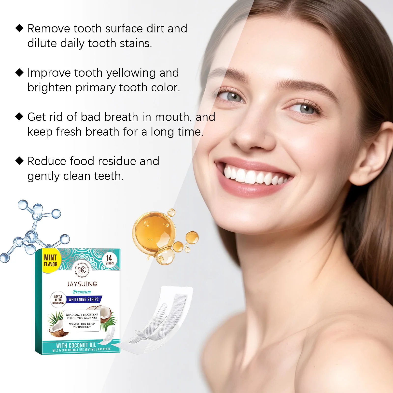 Mint Flavor Teeth Whiting Strips with Coconut Oil Gentle Smile Brightening for Sensitive Teeth Non-Slip Enamel Oral Care Strips