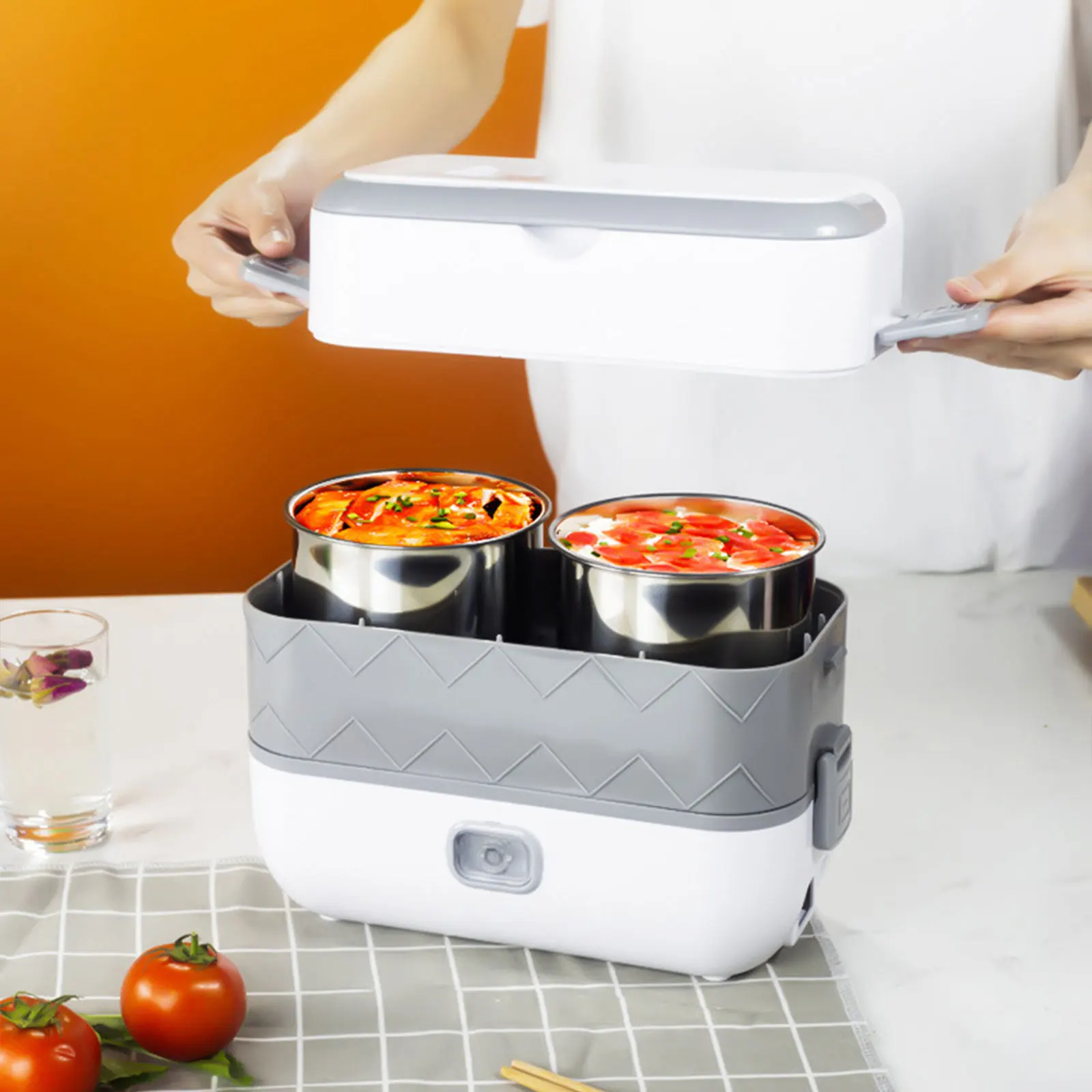 

2-Tier Electric Lunch Box Food Heater Portable Travel Cooker 110V 200W Stainless Steel Insulated Bento Container W/ Fast Heating