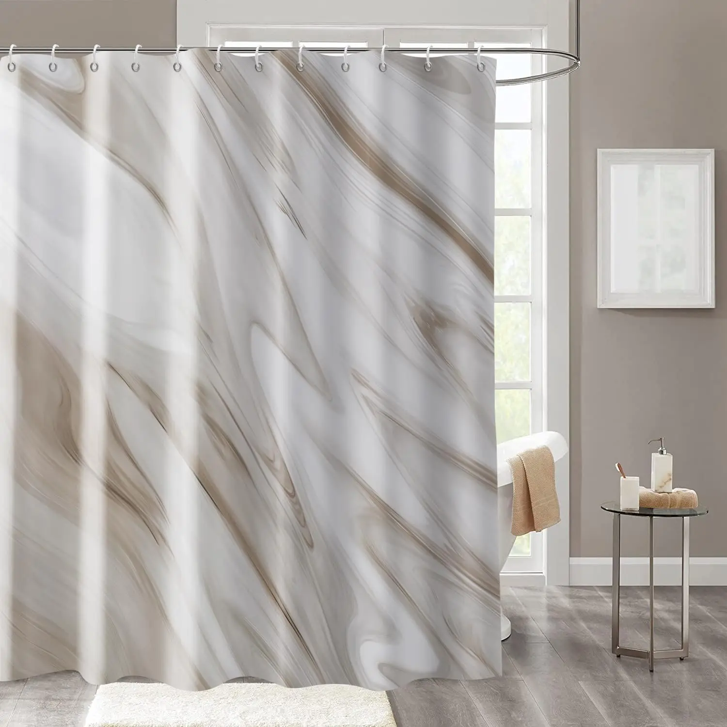 Brown Marble Shower Curtain,Grey Brown Modern Abstract Wave Luxury Bathroom Curtain Bathtub Home Decor Waterproof Fabric Machine
