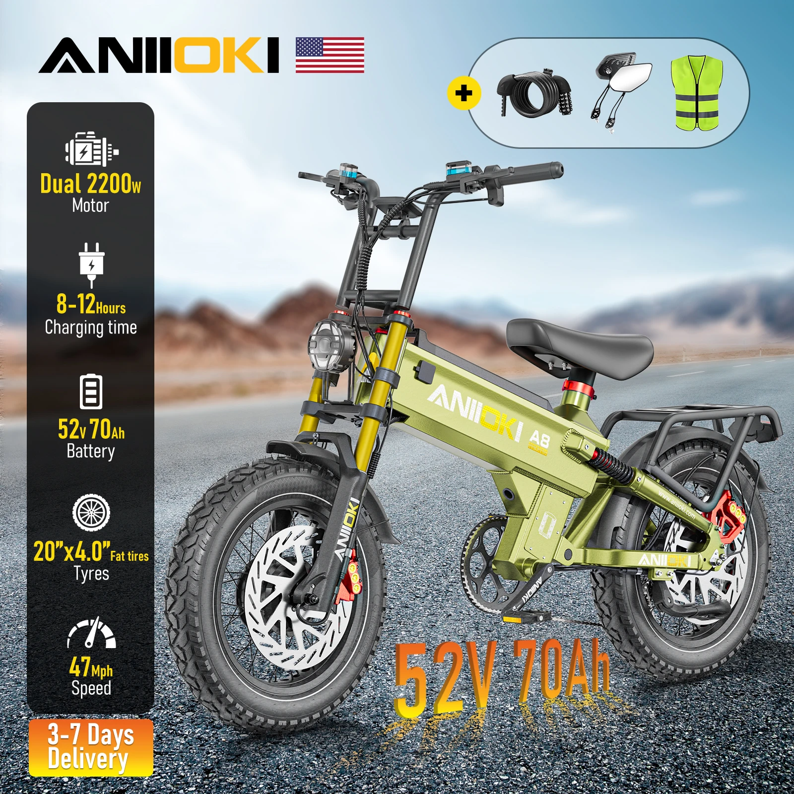 

Электровелосипед ANIIOKI A8 Pro Max AWD с двигателем 2700 Вт (пиковая мощность), аккумулятором 52В 70Ач, скоростью до 72 км/ч (45 миль/ч), и толстыми шинами 20*4 дюйма