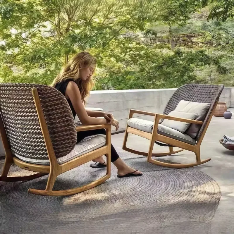 Outdoor Teak Rattan Sofa Chair Nordic Solid Wood Single Double Seat Rocking Chair Furniture for Hotel Villa Resort Garden