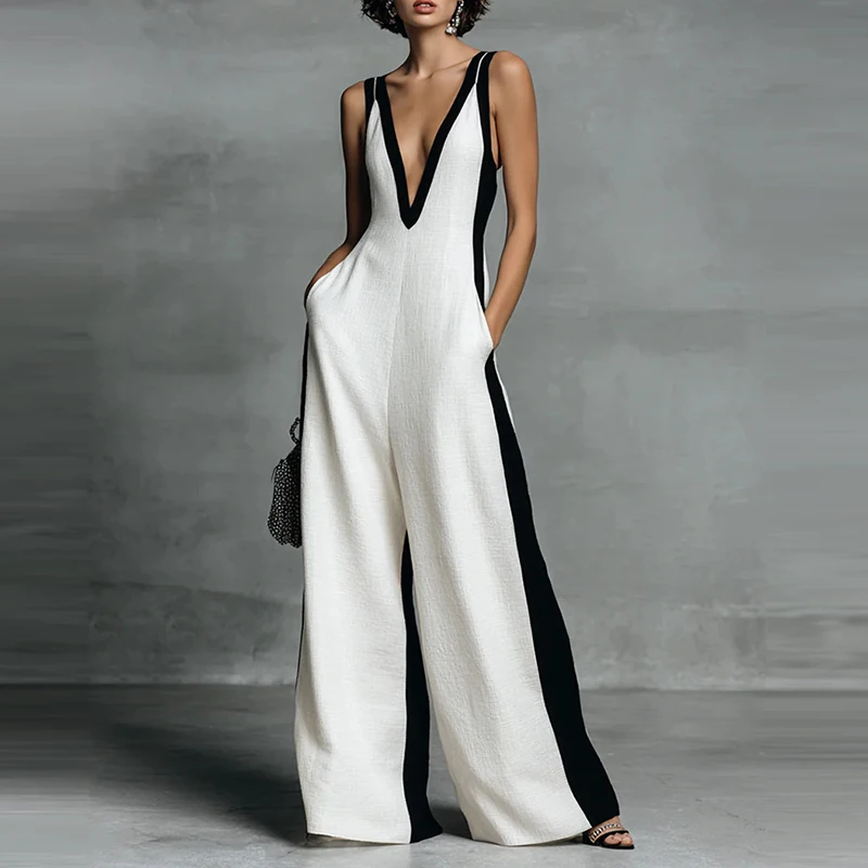 

Temperament Pocket Playsuits Fashion Color Blocked Sleeveless Wide Leg Jumpsuits Elegant V-neck Women High Waist Commute Rompers