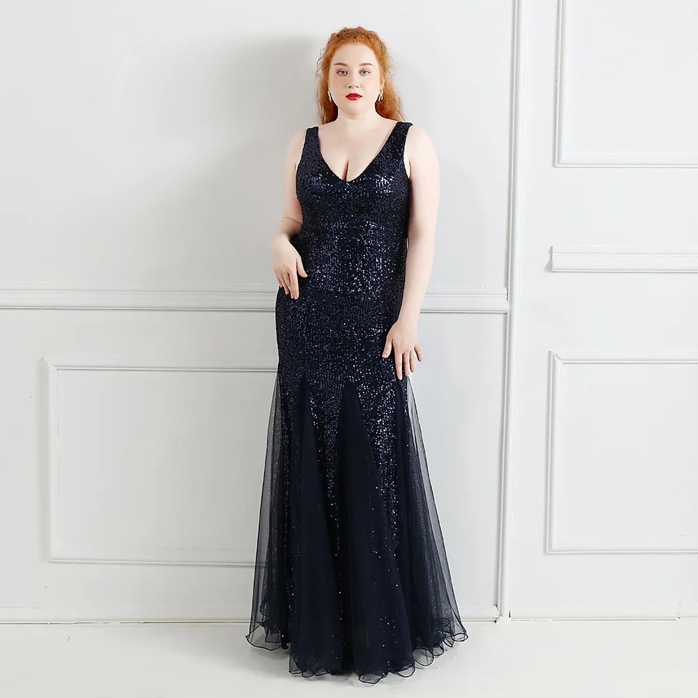 Plus Size Navy Blue Mermaid Evening Dress Elastic Sequined V Neck Floor Length Long Women Gowns For Wedding Party In Stock