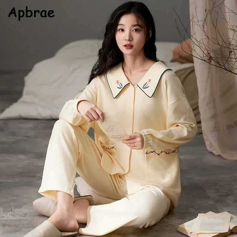 Autumn Winter Waffle Cotton Pajamas for Women Long Sleeves Casual Lapel Cardigan Pijamas Princess Style Woman Sleepwear