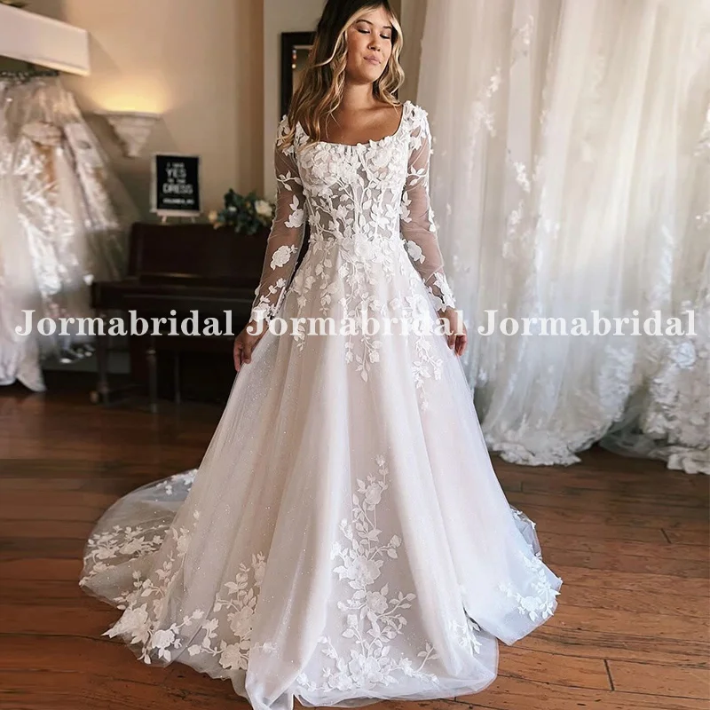 Dreamy Tulle A-line Wedding Dress Sheer Bodice with Square Neckline Long Sleeves Floral Appliques Sparkly Shiny Bridal Gowns