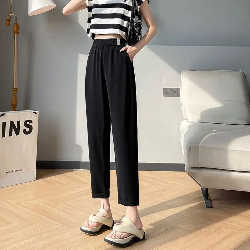 Summer Thin Loose Fit Elastic Waist Pockets Splicing Appliques Solid Lady Ice Silk Wide Leg Pants Straight Tube Smoke Pipe Pants