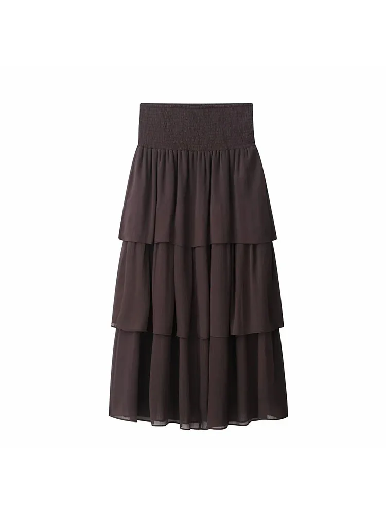 

Women 2025 High Quality HipSeam Pleated Long Layered Skirts Lady Luxury Elegant A-line Tierred Ruffles Elastic Midi Skirt ﻿