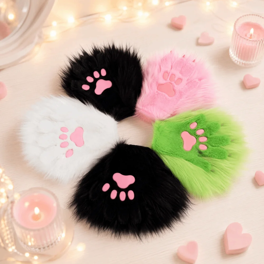 Silicone Soft Pad Long Hair Paw Gloves Cartoon Plush Cat Dog Wolf Animal Paw Gloves Thicken Kawaii Furry Fursuit Kigurumi Gloves