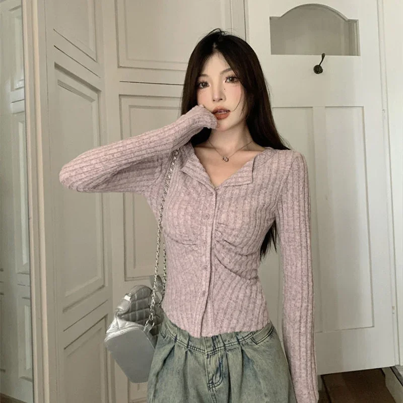 Lapel Long Sleeve Irregular Knitted Shirt for Women\'s Spring Autumn Korean Edition 2024 New Slim Fit Casual Personality Chic Top