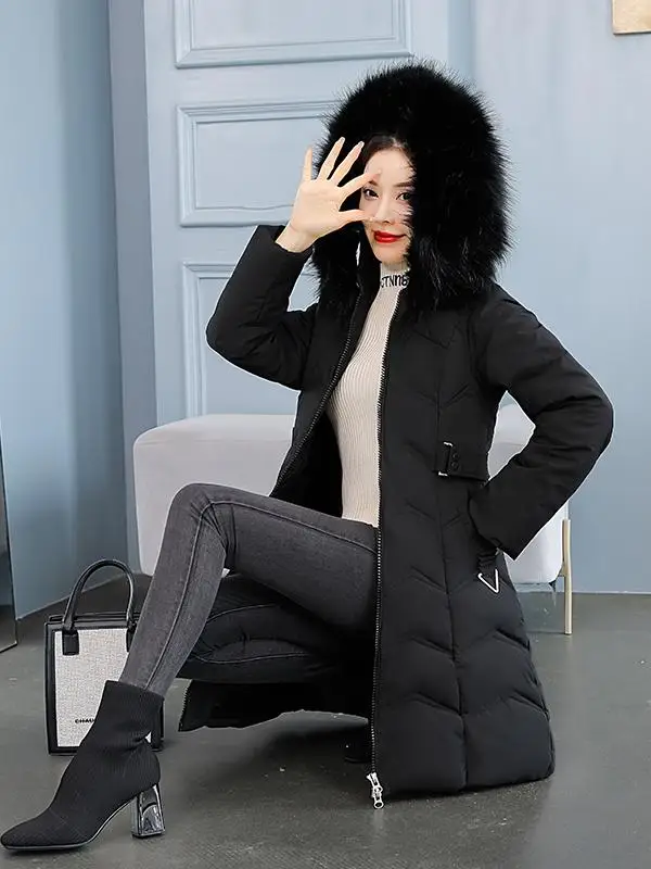 Detachable Large Fur Collar down Cotton Jaet Women's Mid-Length Korean Sle Winter Coat Warm Thiened Zipper Closure