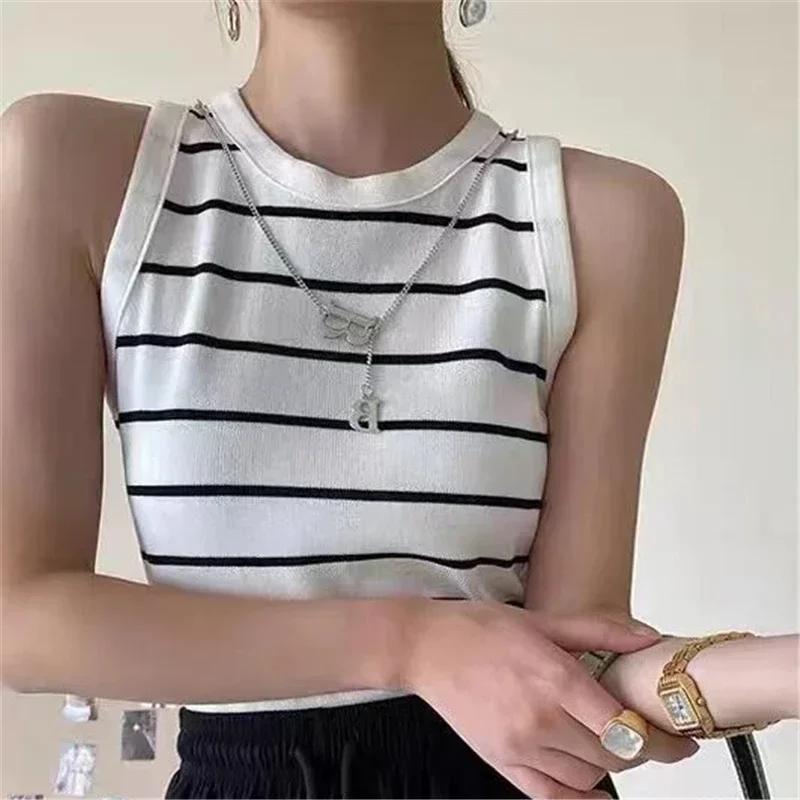 Fashion Spring Summer Corset Top Striped Knitted Sleeveless Top High Waist Short Vest T-shirt Tops Tank Top Tops for Women