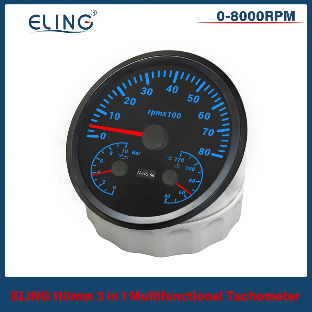 

ELING 110mm Car 3in1 Multifunctional 3K 6K 8K RPM Tachometer with Oil Pressure 10Bar Water Temp 12V 24V with 7 Colors Backlight