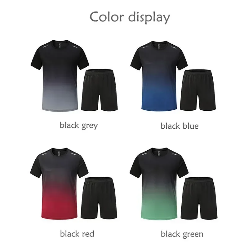 Adult Gradient Color Motorcycle Quick Dry Two-piece Fitness Sport Suit Set Breathable Loose Running Gym Workout Shorts T-Shirt