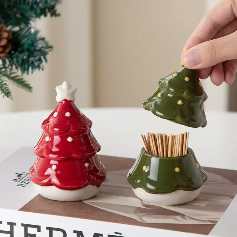 Creative Christmas Tree Ceramic Toothpick Holder Home Cartoon Cotton Sticks Storage Box Desktop Ornament Christmas Gift