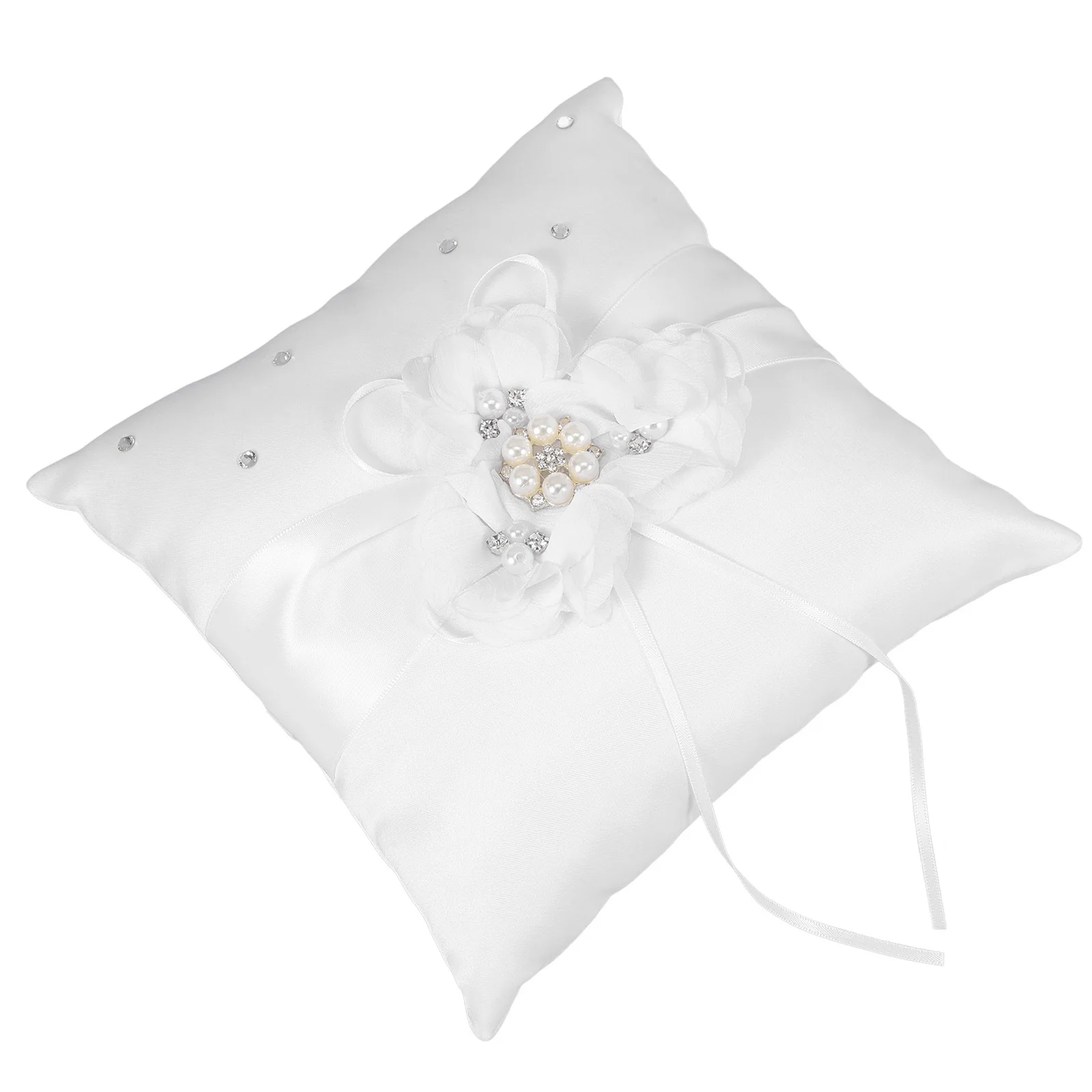 

20x20cm Embellished Wedding Ring Pillow Ribbon Pearl Flower Decorated Wedding Ceremony Ring Bearer Pillow White Pink