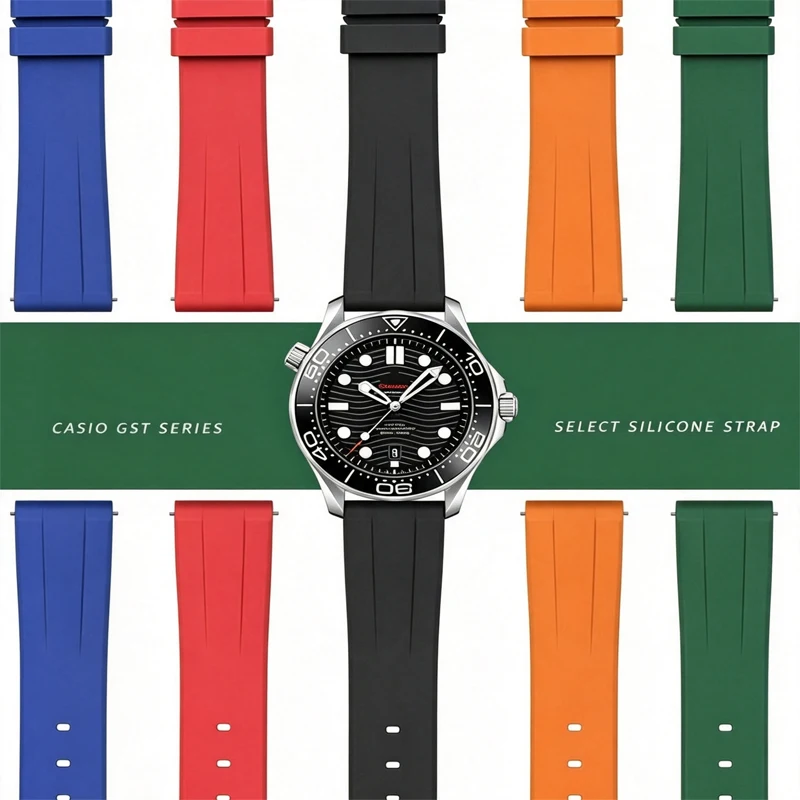 フッ素ゴム製カーブエンドストラップ、シーマスターカシオgstシリーズウォッチバンド18-19-20-21-22-23-24mmスポーツウォッチブレスレットに適しています。