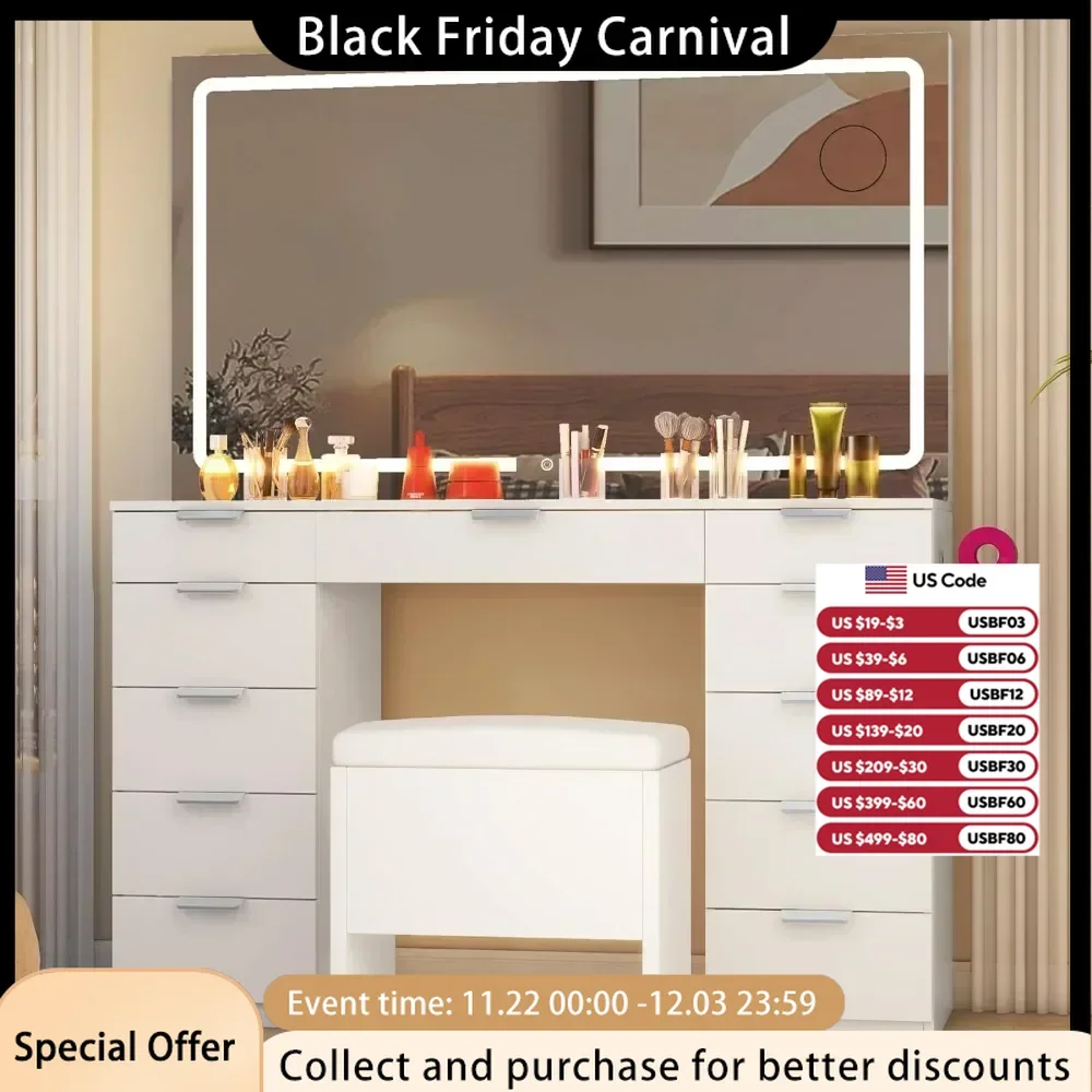 Vanity Desk Set with Adjustable LED Lighted Mirror & Power Outlet, Glass Top Makeup Vanity with 11 Drawers and Magnifying Glass