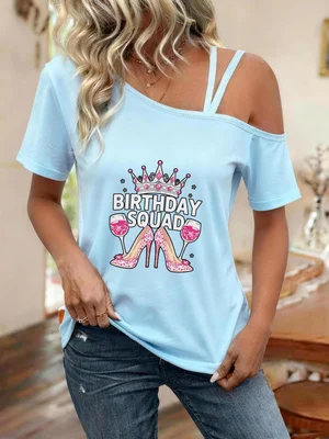 Y2K Style Creative Print Birthday Squad Themed High Heels and Crown Design Print Women's Fashion Casual Versatile Spring and Summer Hot-Selling Off-Shoulder T-Shirt