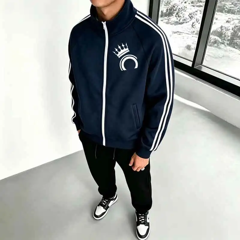 Men Stand Collar Zip Up Sweatshirt Jacket Side Striped Crown Pattern Print Casual Sports Long Sleeve Track Outerwear