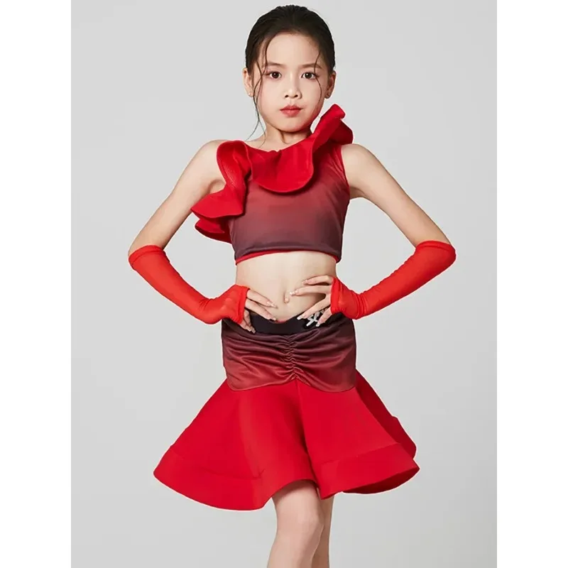 

Kids Girls Latin Dance One Shoulder Ruffles Top and Skirt Gradient Ballroom Rumba Dancewear Training Chacha Performance Costumes