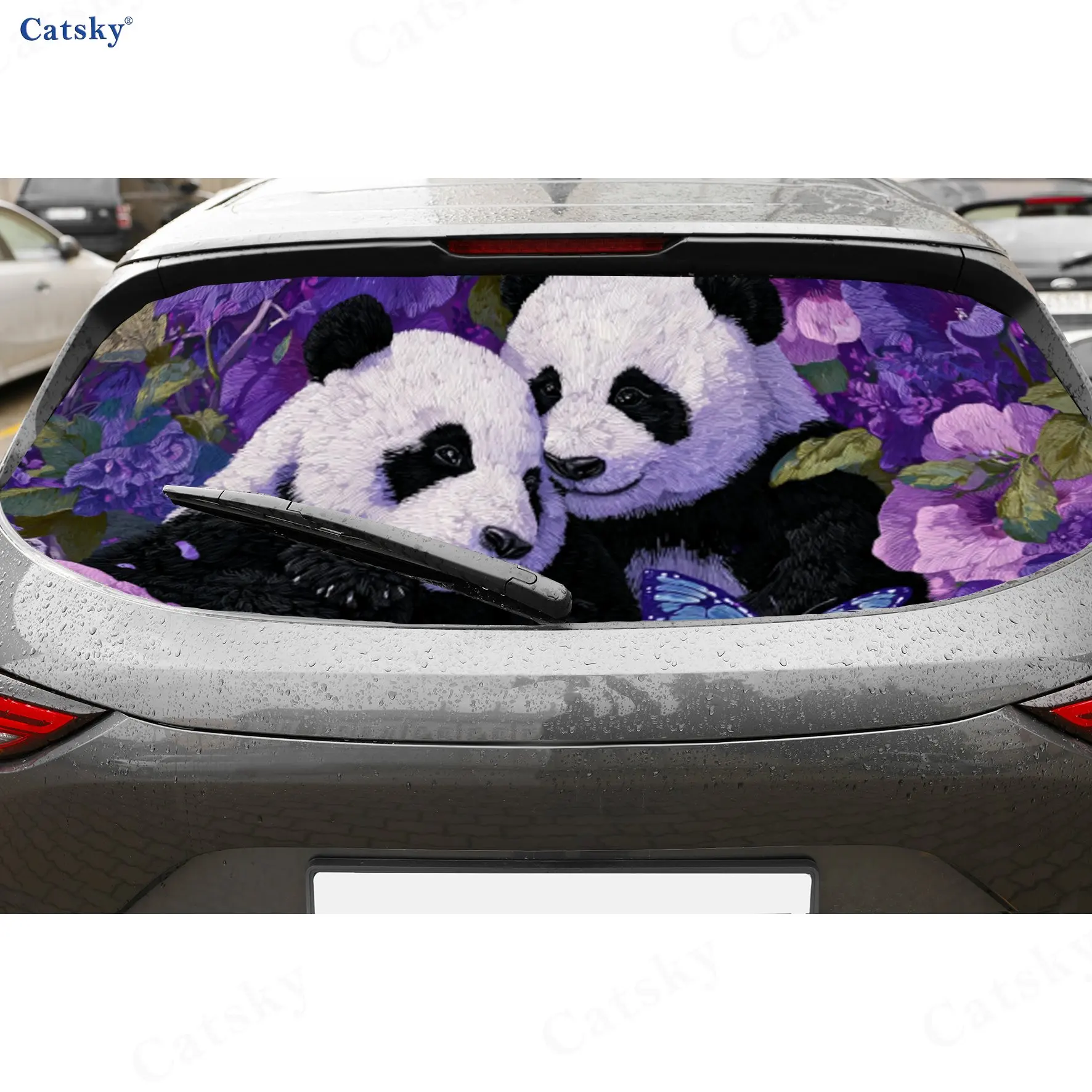 

Dreamy Panda in a Floral Realm PVC Perforated Car Vinyl Wraps, Durable Car Rear Windshield Sticker, Waterproof Car Rear Window D