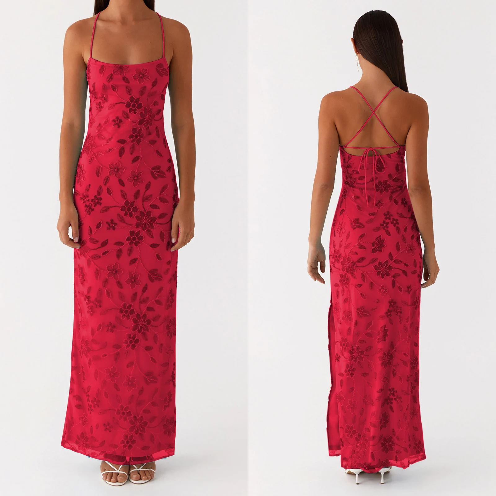 2025 여성 페르시 꽃 캐미 드레스 슬림 반짝이 스팽글 높은 분할 스파게티 스트랩 오픈 백 롱 드레스 파티 클럽 베스 티드