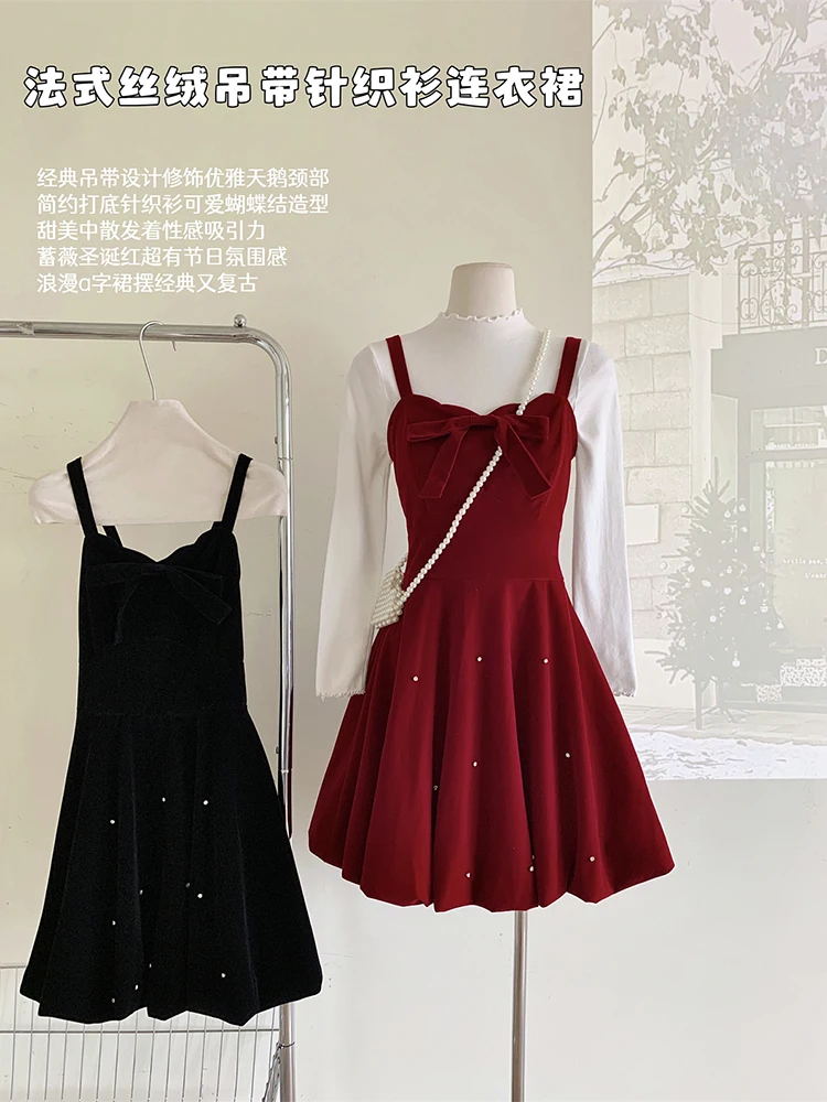 Women Dresses Elegant French Style Bow Red Velvet Suspender Dress Casual Top Autumn Winter New Femme Two Piece Set