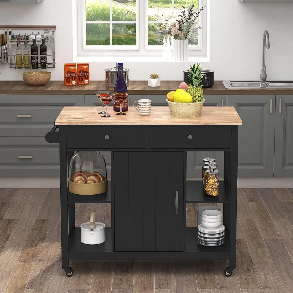 Kitchen Islands on Wheels with Wood Top, Utility Wood Movable Kitchen Cart with Storage and Drawers, Black