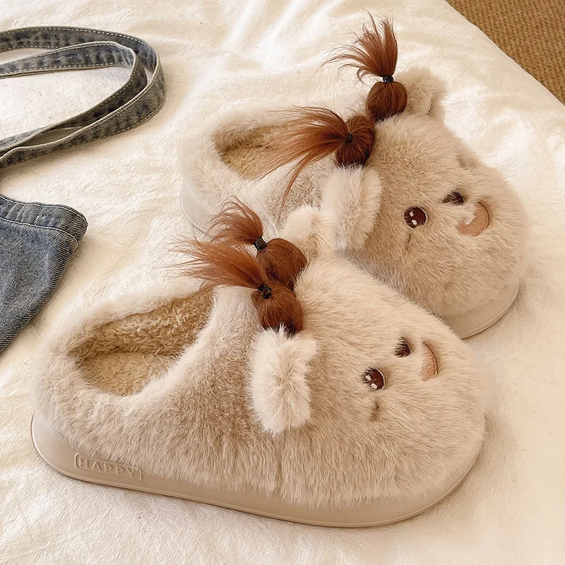 New niche creative braids bear slippers woman cute home backless shoes women's novelty DIY slipper winter warm fuzzy cloud mules