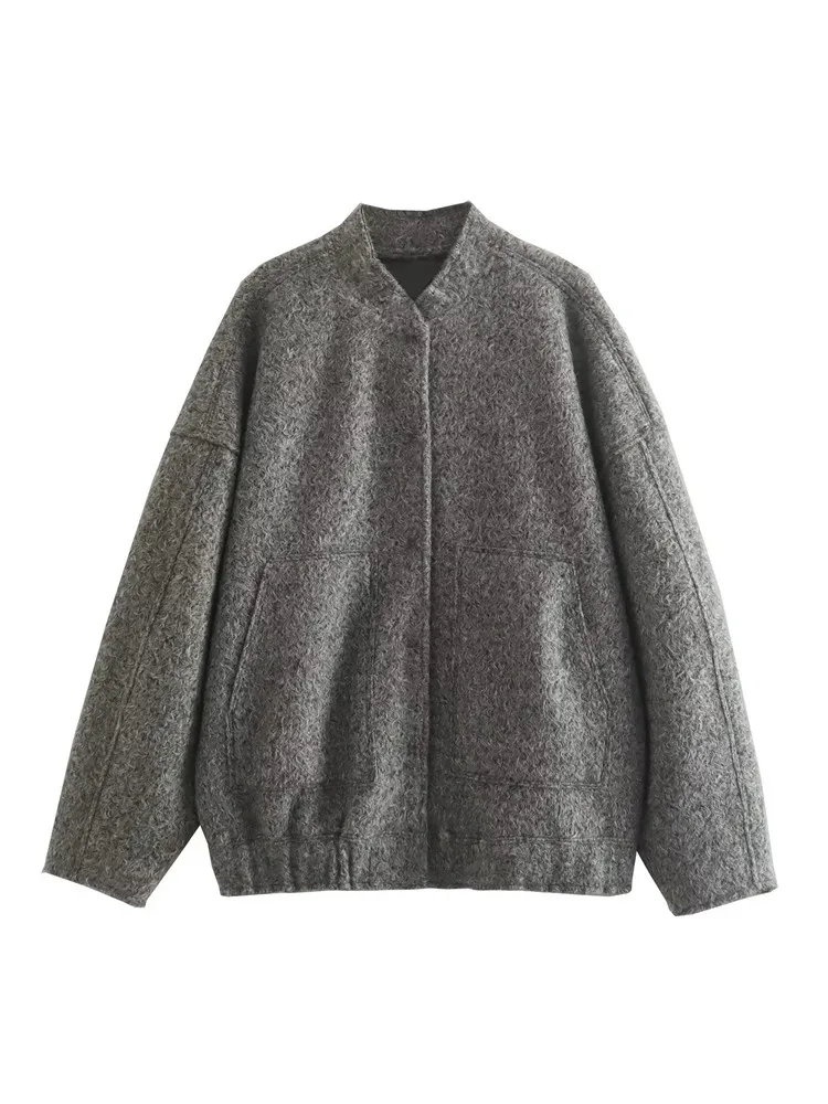TRAF Gray Bomber Jackets Women 2023 Y2K Streetwear Tweed Faux Wool And Blends Jacket Fashion Button Women\'s Spring Jacket