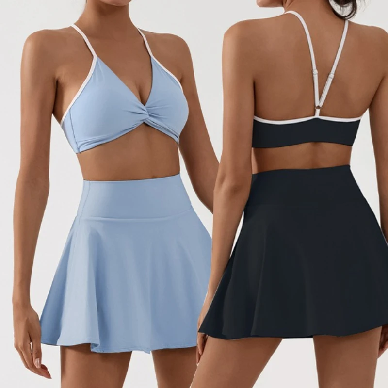 

2 piece Women Yoga set Sexy Beauty Back Gym Running Push Up Yoga Sports Bras High Waisted Tennis Pleated Skirts Fitness Skorts