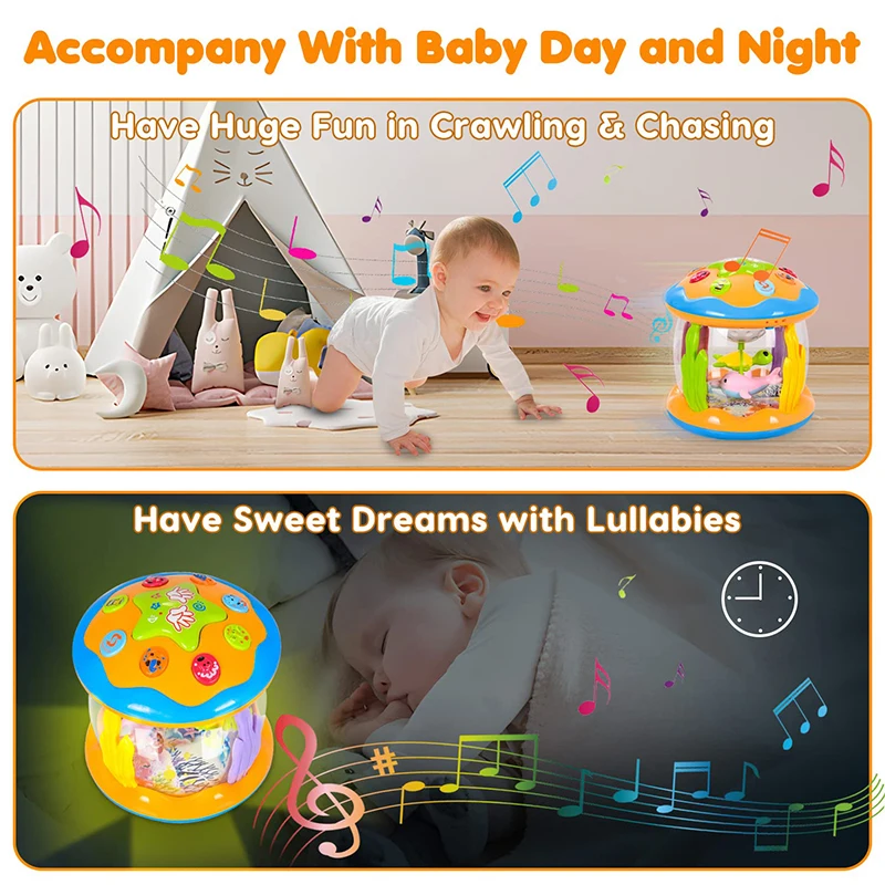 Baby 4 in 1 Tummy Time Crawling Toy Early Learning Sea Animals Sensory Toy Light Up Musical Projector for Infant Toddler Gifts