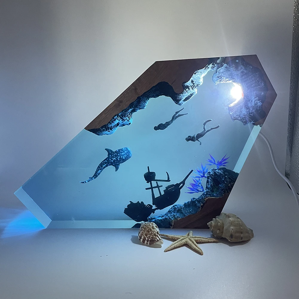 Walvis Duikers Onderzeese Hars Licht Creatieve Kunst Mooi Nachtlampje Ambachtelijke Oceaan Landschap Decoratie USB Sfeer Tafellamp