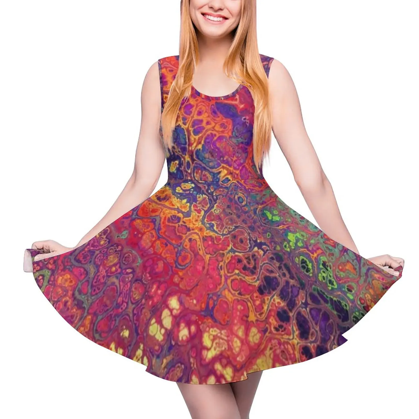 Marble Paint Splatter Dress Trippy Rainbow Print Beach Dresses Sleeveless Basic Big Size Skate Dress Womens Pattern Vestidos