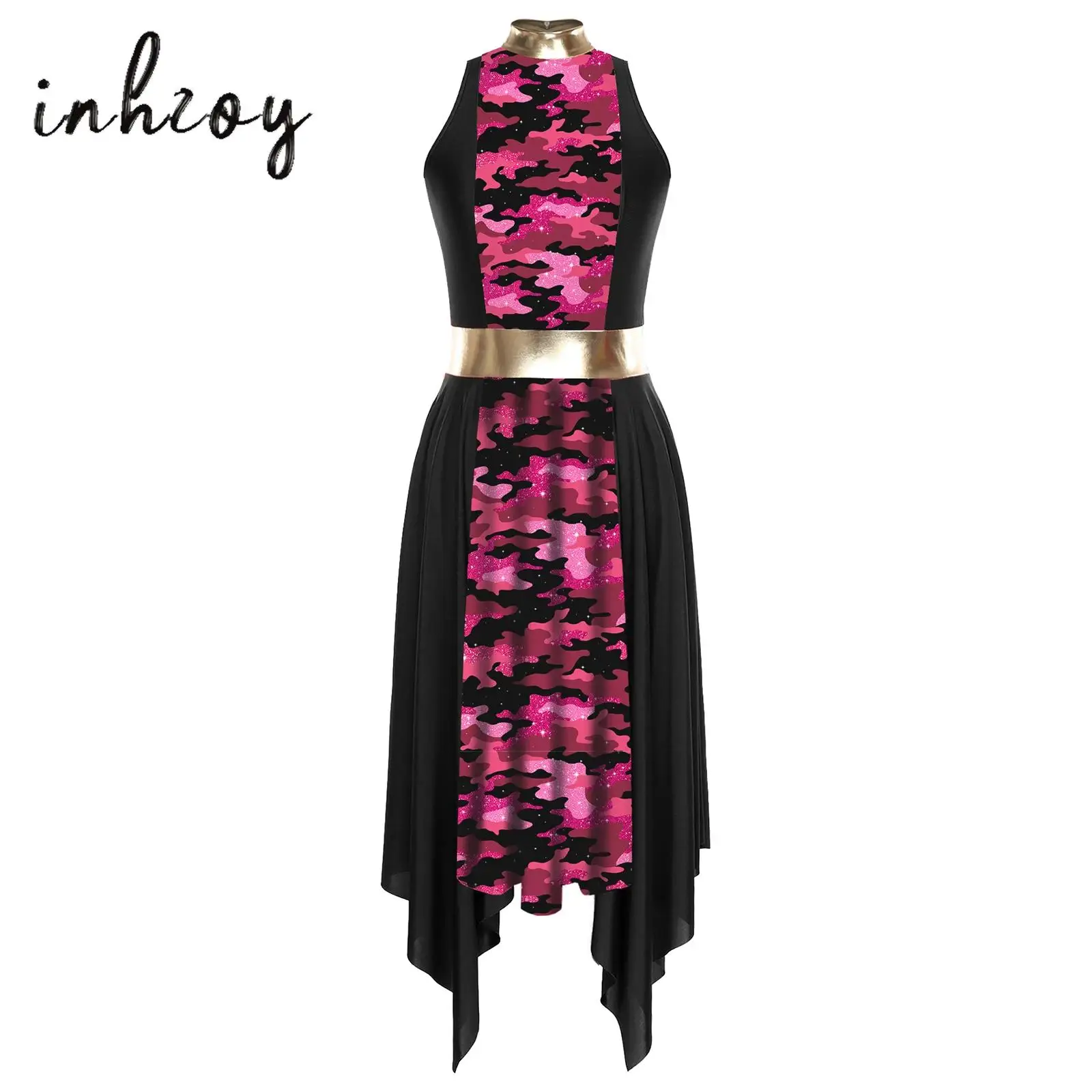 

Womens Worship Praise Dress Sleeve Back Hollow Out Print Patchwork Irregular Hem Dress Modern Lyrical Dance Dress Ballet Dress