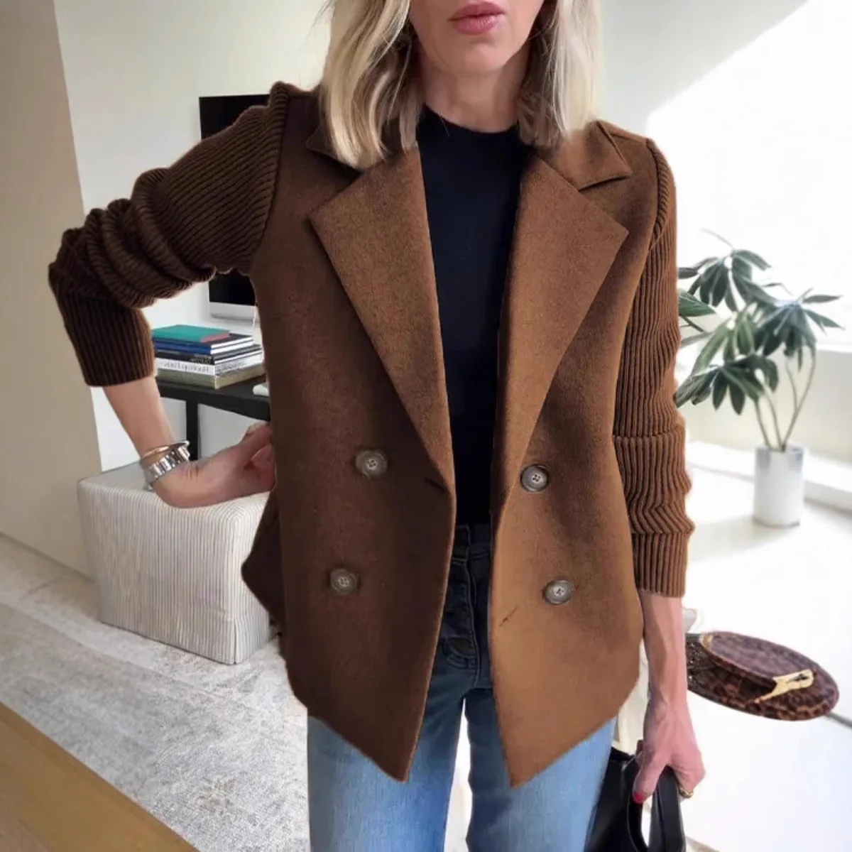 Women Coat Knitted Sleeves Patchwork Double-breasted Turn-down Collar Loose Suit Jacket Formal Business Style Sweater Coat
