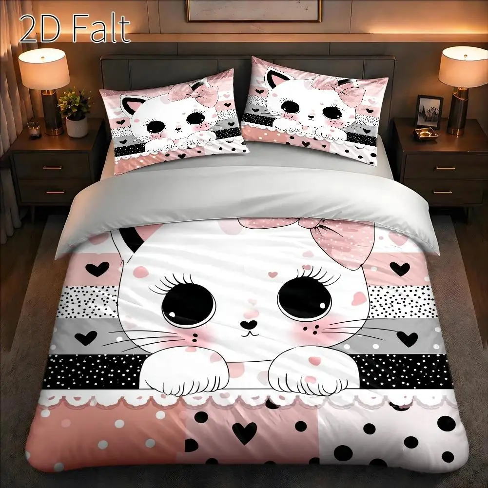 3-Piece Quilt Cover Set, 1 Quilt Cover + 2 Pillowcases (Without Filling) 2D Flat Printing, Three-Piece Quilt Cover Set, Pink Cat-Themed Pattern, Cartoon Cute Style, International Cat Day, Suitable for All Seasons, Machine Washable, Invisible Zipper, Large Quilt Cover Set, Bedding Set, Skin-Friendly and Breathable, Soft and Comfortable, Does Not Fade or Pill, Suitable for Home/Dormitory/Master Bedroom/Guest Room