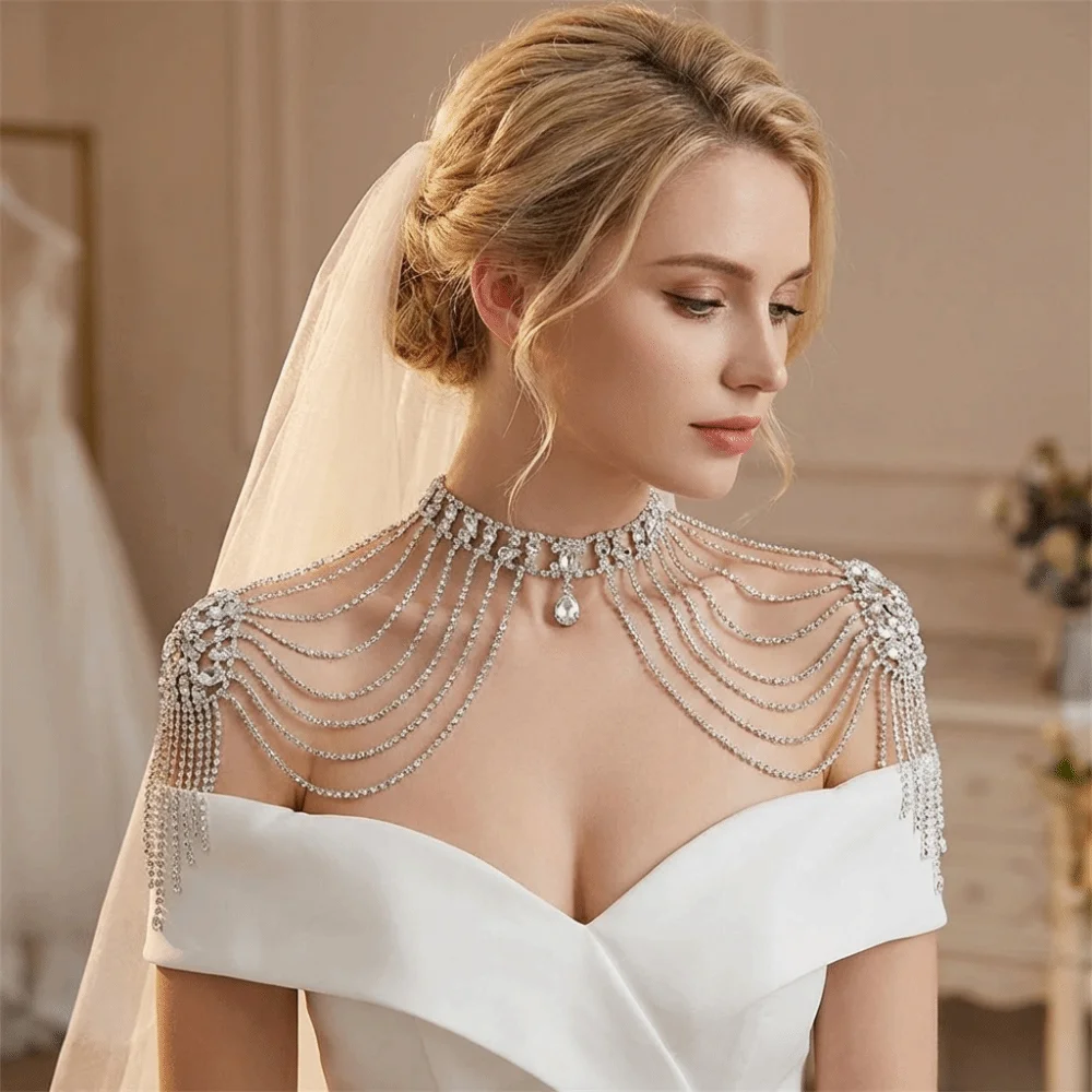 

Luxurious Design Rhinestone Shoulder Necklace Gold/Silver Chain Multi-layer Fringed Women Shoulder Chain Elegant Retro Style