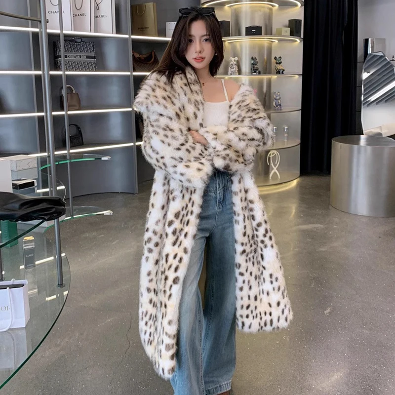 

2025 Winter Leopard Print Faux Fur Coat for Plus Size Women, Big Lapel Baggy Long Jacket, Warm Thick Mink Style Outerwear