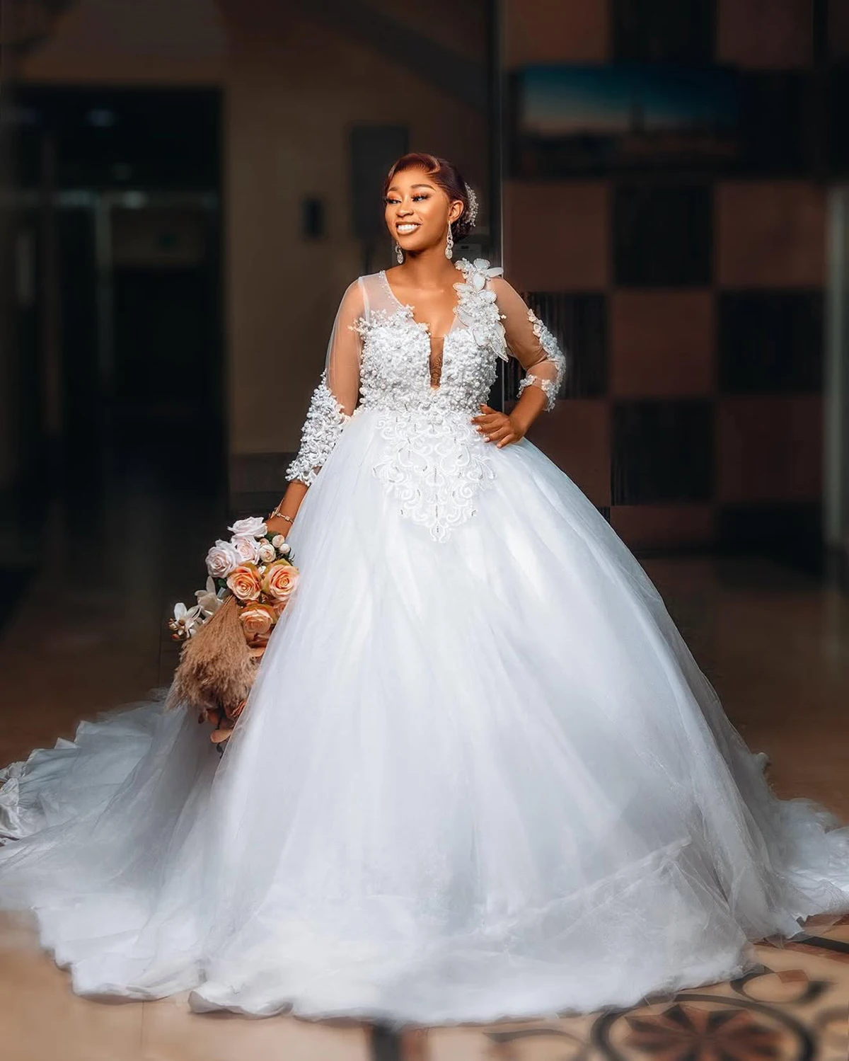 تخصيص الخامس الرقبة اليدوى اللؤلؤ الثقيل يزين فستان الزفاف Vestidos Noivas Ballgown 3/4 كم طويل فستان زفاف #3