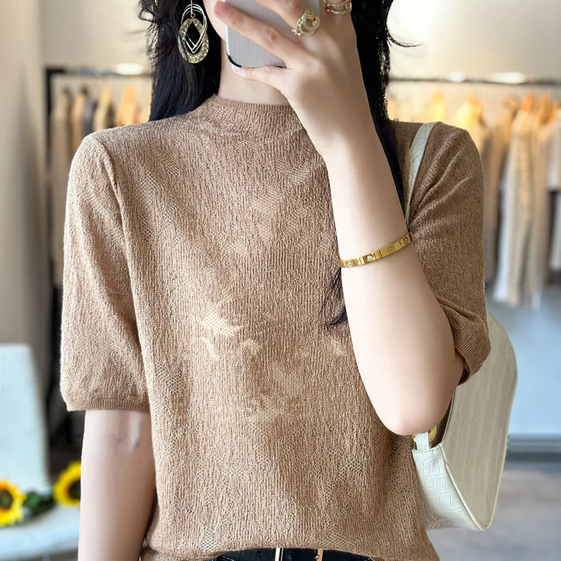 Summer new women\'s knitted hollow O-neck short sleeve 100% Merino wool pullover vest fashion hollow Korean shirt T-shirt