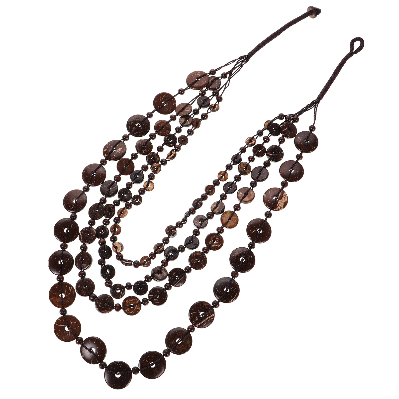 

Ожерелье ручной работы из кокосовой скорлупы и деревянных бусин, коричневое, винтажное, многослойное, длинное, с бусинами, эффектное украшение, осеннее украшение