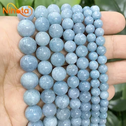 Natural Stone Smooth Blue Chalcedony Round Beads for Diy Fashion Jewelry Making Bracelet Ring Earrings 15