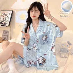 Sanrios Hello Kitty Short Section Ladies Pyjamas Set Pyjamas Women Summer Kawaii Cartoon Loose Pajamas Pajama Trousers Set