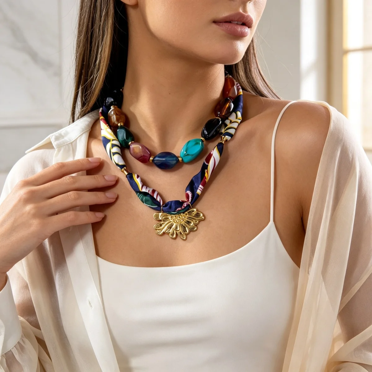 Botanisch bedruckter marineblauer Schal, Edelstahl-Halskette mit geprägten Blumen für Damen, unregelmäßiger Acryl-Perlen-Choker-Schmuck – Detail 12