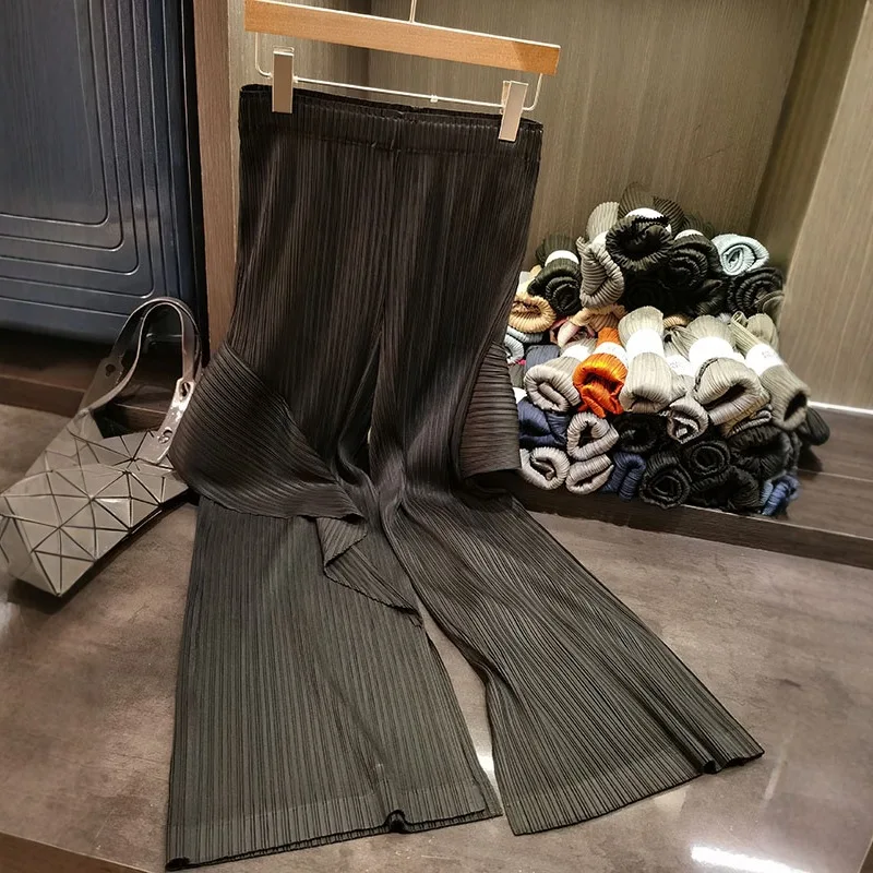 

Miyake Pleated Wide Leg Trousers Design Sense Niche Solid Fold Casual Pant Miyake Wind High Waist Loose Pleat Trousers Female